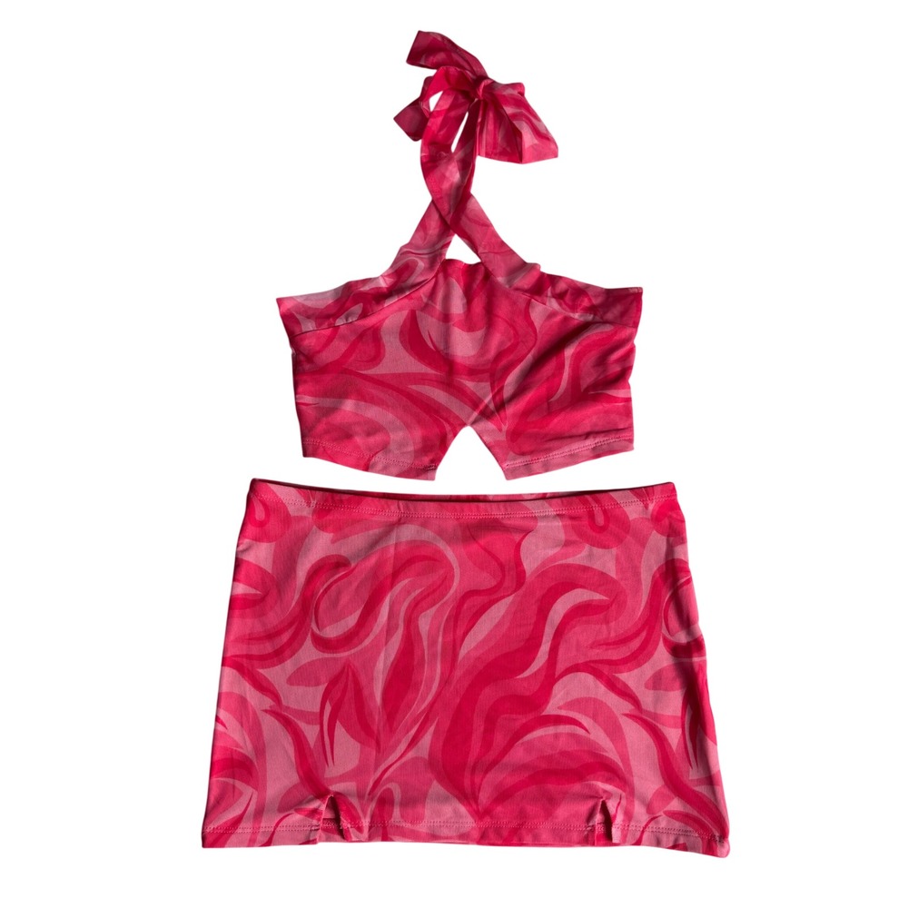 Dolls Kill New Pink Till Infinity Mini Skirt Set Mesh Halter Crop Top Size Small